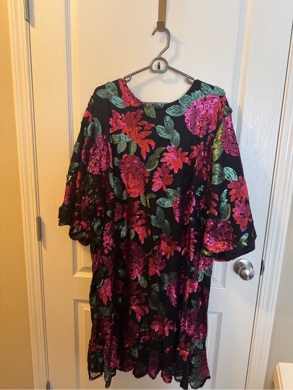 Ivy City Co Black Dress with Pink and Green Sequin Floral Embroidery